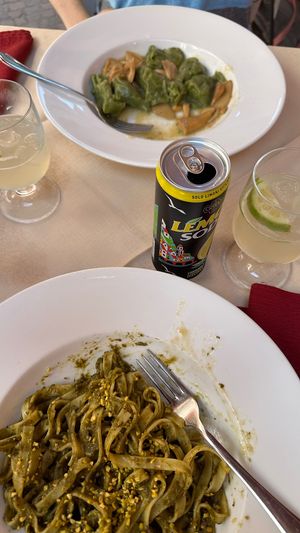 Tagliatelle with pistacchio sauce & Tortello with spinach filling, puff pastry & mushrooms  at Al Ventitre in Lazise