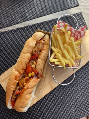 Vegan hot dog (fries included)  at Burger Grill 351 in Sao Vicente