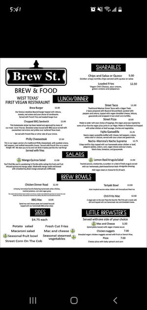 Menu at Brew St. in Midland