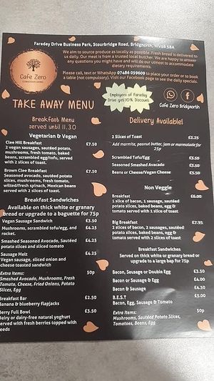 Menu at Cafe Zero + Purely Vegan Bistro in Bridgnorth