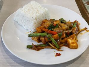 Vegan red curry with rice, 69 baht  at Maeya in Udon Thani