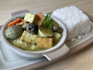 Vegan green curry soup with rice, 89 baht  at Maeya in Udon Thani