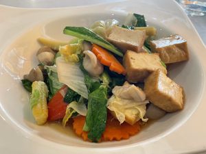 Vegan stir-fried mixed vegetables, 95 baht  at Maeya in Udon Thani