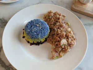 Laab and rice at Began Vegan in Bangkok