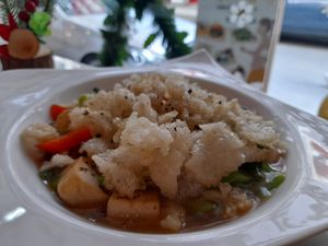 Special meal. Tofu and veges in a soup with delicious fried rice puffs on top at Began Vegan in Bangkok