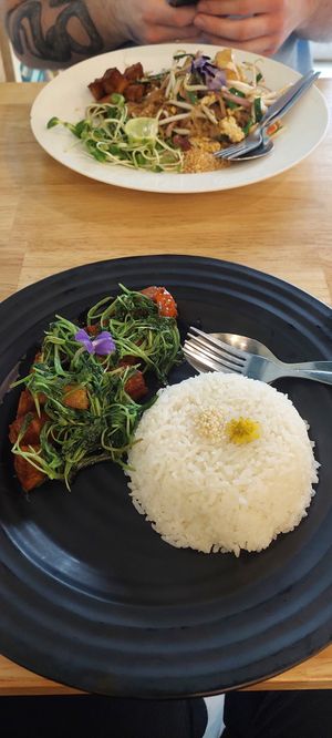 Morning Glory with vegan Pork at Began Vegan in Bangkok