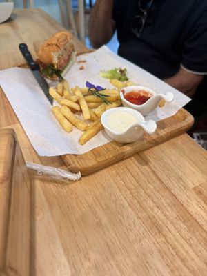 Burger with chips  at Began Vegan in Bangkok