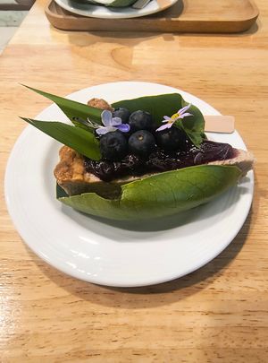 Bluberry cheese pie at Began Vegan in Bangkok