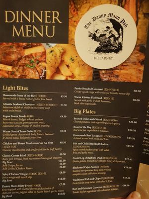 Menu at Danny Mann Pub in Killarney