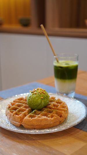 Vegan waffle with matcha Ice cream & ice matcha latte at Hvala - Chinatown in Central Singapore