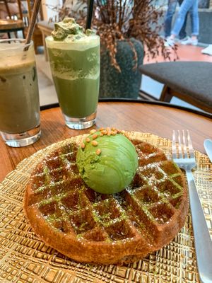 Vegan buttermilk waffles and matcha gelato  at Hvala - Chinatown in Central Singapore