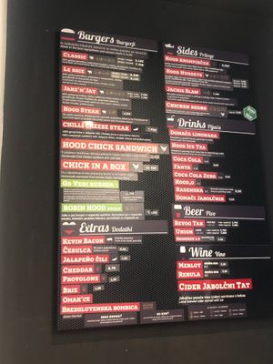 menu at Hood Burger in Ljubljana