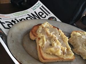 This is Avocado Toast sweet cousin ... mashed Sweet potato and Banana drizzled with tahini  at Laura & Tony's Kitchen in Eastham