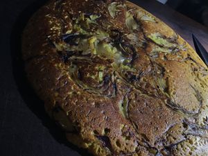 Chic Pea Flat bread with Carmelized Onions ...gluten free ! at Laura & Tony's Kitchen in Eastham