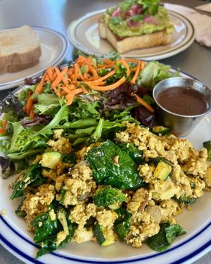 Gorgeous Tofu Scramble served with greens and vegan Balsamic Vinaigrette  at Laura & Tony's Kitchen in Eastham