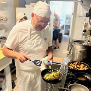 Tony in his Happy place! at Laura & Tony's Kitchen in Eastham