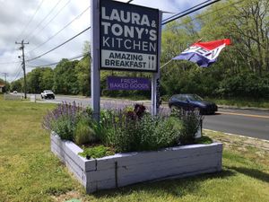 New gardens under our sign! at Laura & Tony's Kitchen in Eastham