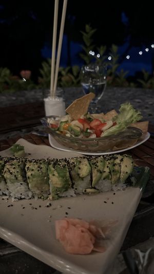 Vegan „Caterpillar“ Sushi Roll & Heart of Palm Ceviche  at Ylang Ylang Beach Resort Restaurant in Montezuma