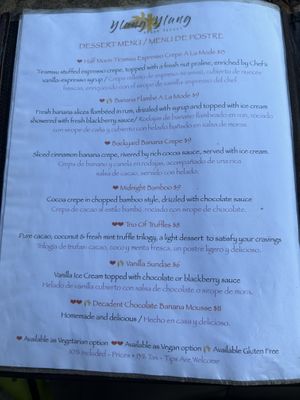 We didn’t have dessert there, but vegan options are clearly marked on the whole menu.  at Ylang Ylang Beach Resort Restaurant in Montezuma