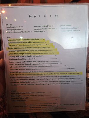 Menu with veg/vegan options highlighted. Specify vegan when ordering. They have a seperate fryer for vegan items and can omit dairy at Spruce in Port Angeles