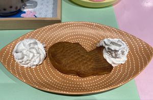 Taiyaki: nice. The outside is a chewy and crispy dough and it contains a nice red bean paste. It’s served with vegan whipped cream.  at Jūshī Café in Rotterdam