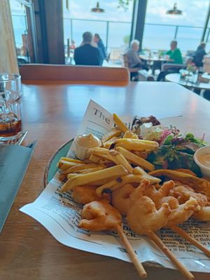 Fries and fish, vegan, but gambas instead of fish. at Zoet of Zout in Stellendam
