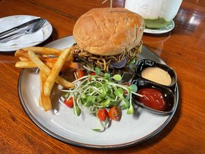 Pan Kled burger, 220 baht. For some reason the burgers went up in price 30 baht after I came here for the first time. Still worth it!  at Shann Cafe  in Chiang Rai