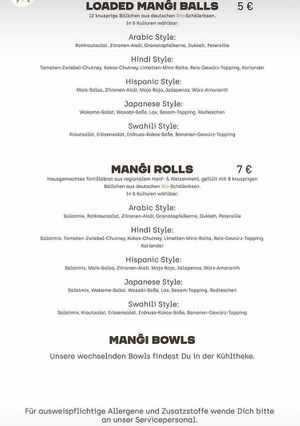 Menu at Venu Mangi in Saarbrucken