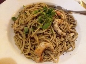 Vegan shrimp pasta with pesto sauce (no mushrooms requested) at Vegan Kitchen in Naples