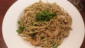 Vegan shrimp pasta with pesto sauce (no mushrooms) at Vegan Kitchen in Naples