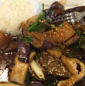 eggplant, tofu with rice. so delicious at Vegan Kitchen in Naples