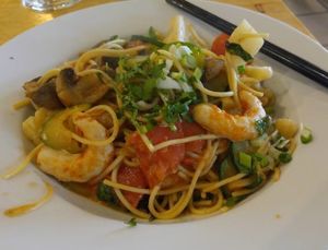 Noodles with "shrimp" at Vegan Kitchen in Naples