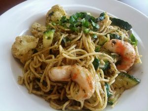 Vegan shrimp pasta with pesto added. (I said no mushrooms) at Vegan Kitchen in Naples