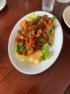 Spicy Cha Cha (battered vegan shrimps). Delicious! at Vegan Kitchen in Naples