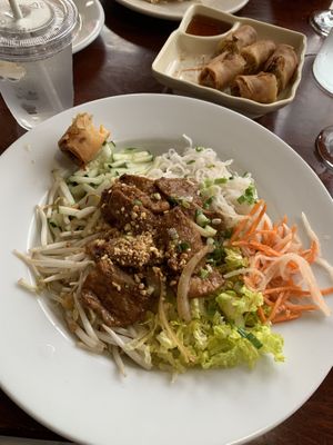 Bbq vermicelli and crispy golden rolls. at Vegan Kitchen in Naples
