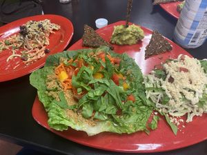 Half raw pizza slice, half raw tacos, half rawghetti Alfredo. (The owner split every thing for us) at Rawk Star Cafe and Marketplace in Oldsmar