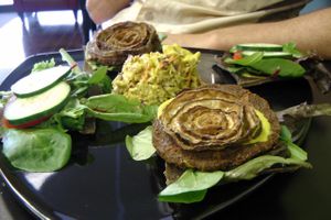 Absolutely delicious Rawkstar burger platter. All vegan and raw too! at Rawk Star Cafe and Marketplace in Oldsmar