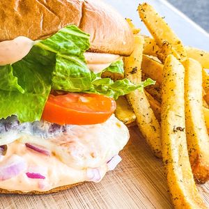 Nirvana Burger w/ seasoned fries at Greenhaus Eatery in San Diego
