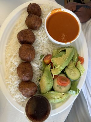 Platter with meatballs and avocado salad   at Greenhaus Eatery in San Diego