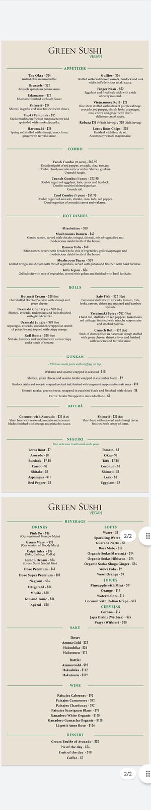 English Menu at Green Sushi  in Sao Paulo