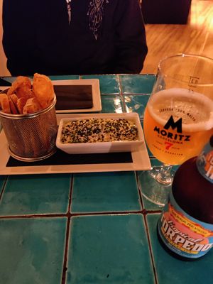 Baba ganoush and artisan beer at Chez Kessler in Barcelona