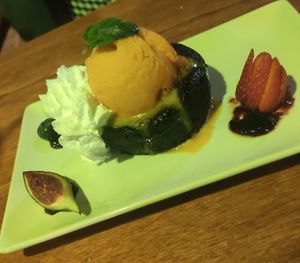 Chocolate dessert with mango ice cream at Chez Kessler in Barcelona