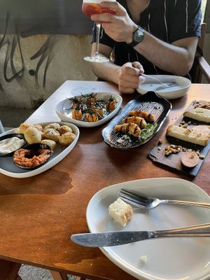  Patatas Bravas, Salmon special tapas, Prawn special tapas and Half cold cut platter at Chez Kessler in Barcelona