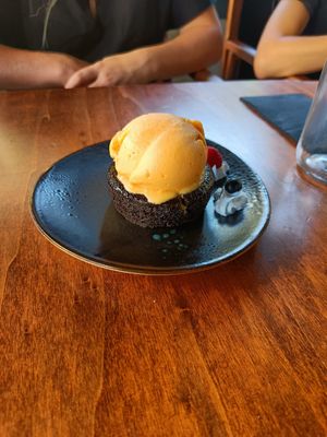 Chocolate with papaya ice cream at Chez Kessler in Barcelona