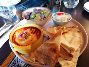Olives, hummus and pickles at Horticulture in Newcastle Upon Tyne