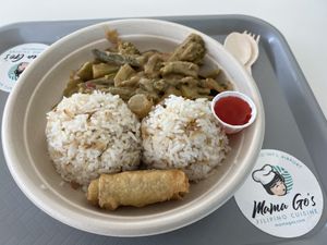 Vegan peanut sauce with vegetable,  and rice plus egg roll  at SFO - Mama Go's Filipino Cuisine - T1 in South San Francisco