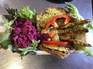 Tempeh Strips on Potato Pancakes  at Kombucha Cafe in Murwillumbah