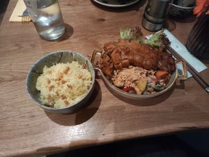 Vegan duck with vegetables and rice at Well Being in Cologne