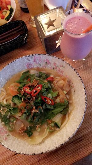 Delicious udon noodle soup & strawberry shake!  at Well Being in Cologne