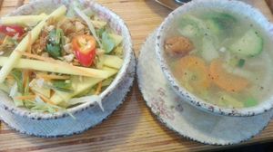 Entry soup and salad from lunch menu at Well Being in Cologne